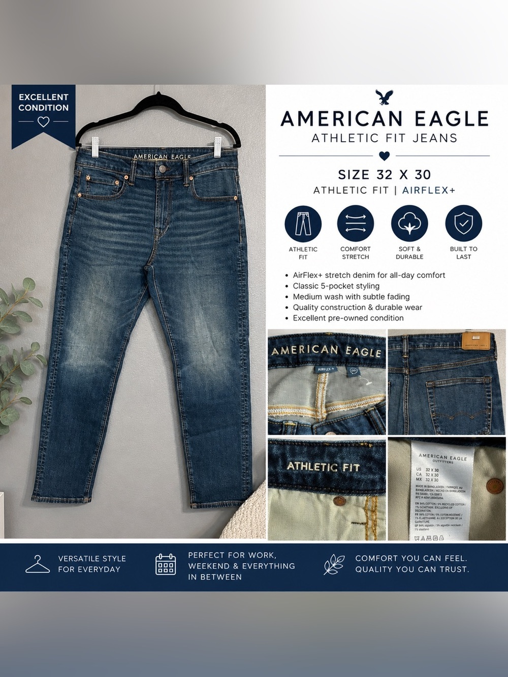 American Eagle AirFlex+ Athletic Fit Jeans 32x30 Medium Wash Stretch Denim